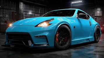 Stylish blue sports car parked in a dimly lit garage with contrasting shadows and highlights photo