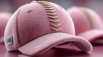 Unique pink baseball cap with detailed stitching displayed in a soft-focus background photo