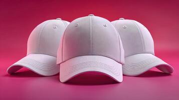 Three plain white caps arranged against a vibrant pink background showcasing their design and structure photo