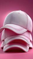 Stylish pink caps stacked elegantly on a vibrant background showcasing contemporary fashion trends photo