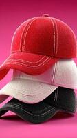 Colorful collection of stylish caps stacked together against a bright background photo