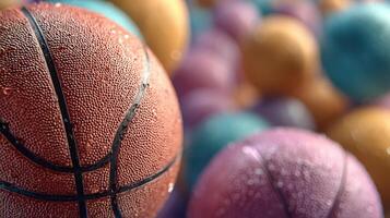 Colorful assortment of wet basketballs on a vibrant surface after a rainfall during an outdoor game photo