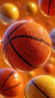 Basketballs floating in a vibrant orange background showcasing motion and energy during a dynamic sports scene photo