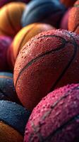 Freshly Rained Basketballs Resting in a Colorful Pile After an Outdoor Game photo