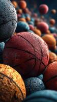 Basketballs of various colors and textures piled together in dynamic arrangement for a captivating visual effect photo