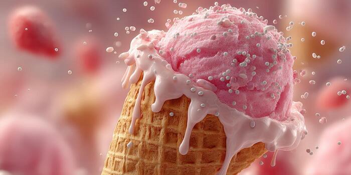Colorful pink ice cream cone with sprinkles and melting texture against a playful dessert backdrop photo