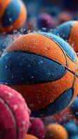 Colorful basketballs submerged in water create a dynamic and vibrant underwater scene full of texture and bubbles photo