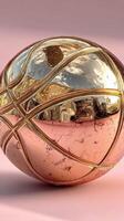 Shiny metallic basketball displayed on a smooth pink backdrop capturing reflections in the afternoon light photo