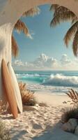 Serene beach view featuring surfboards under palm trees on a calm sunny day photo