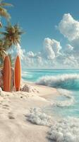Beautiful sandy beach with surfboards under palm trees on a sunny day photo