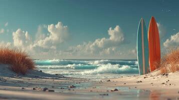 Surfers prepare for a day at the beach with vibrant surfboards against a backdrop of waves and a clear sky in the late afternoon photo