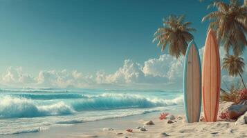 Colorful surfboards resting on a sandy beach under bright blue skies and lush palm trees at sunset photo