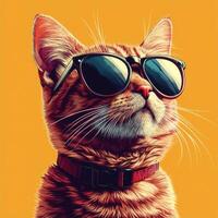Cat wearing sunglasses poses confidently against a bright yellow background during a sunny day photo