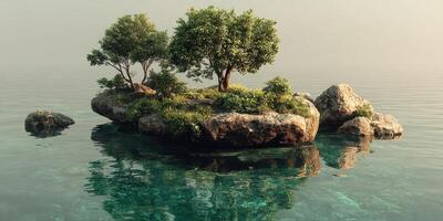 Serene island with lush greenery and clear waters at sunrise reflecting tranquility in nature photo