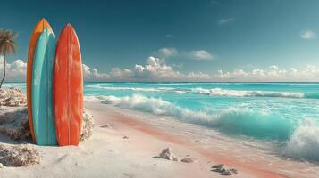 Bright surfboards stand on the beach near turquoise waters under a clear sky in a coastal paradise photo