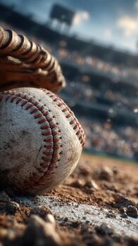 Baseball resting on dirt field with glove in background during afternoon match at stadium photo