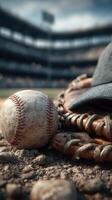 Vintage baseball glove and ball resting on the dirt in a stadium with distant seating under a blue sky photo