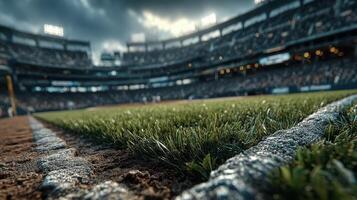 Quiet moments before the game at a bustling baseball stadium in the afternoon sun with dark clouds gathering overhead photo