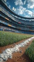 Grass and dirt of a baseball field viewed from ground level during a game at a packed stadium on a sunny afternoon photo