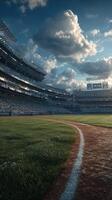 Sunset casts a golden glow over the baseball field filled with excited fans during a weekend game photo