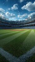 Professional baseball stadium during sunny day with clear blue sky and fluffy clouds highlighting the vibrant green grass field photo