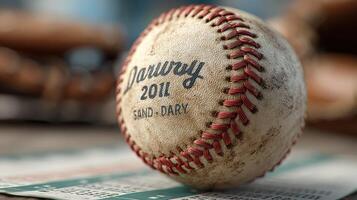 Weathered baseball rests on a scorecard beside old gloves and bats inside a sports equipment shed photo