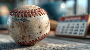 Vintage baseball resting on a wooden table with a calendar in the background during afternoon light photo