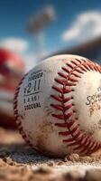 Close-up of a weathered baseball resting on a sandy field during an afternoon game in a sunny stadium photo