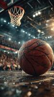 Basketball rests on court before a crucial game with cheering crowd and bright arena lights in the background at night photo