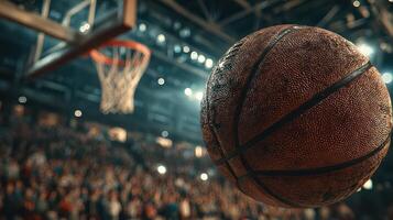 Thrilling basketball moment captures excitement of game during a packed stadium event photo