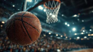 Basketball in motion during an intense game at a packed arena with vibrant lights showcasing the sport's excitement photo