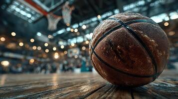 Basketball resting on the court before an intense game in a packed arena during evening hours photo