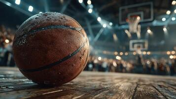 Basketball lies on the wooden court in a lively arena with cheering fans in the background during an exciting game photo