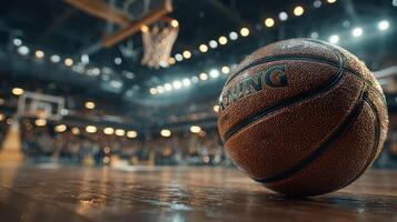 Basketball resting on the court before a competitive game in an indoor arena filled with excited fans photo