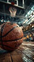 Basketball on a court with condensation in a vibrant sports arena during an exciting game atmosphere photo