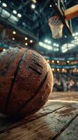 Intense basketball game with a focus on a wet basketball in a crowded stadium during a thrilling match photo
