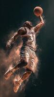 Dynamic basketball player soaring through the air for an impressive dunk during an intense game photo