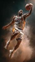 Basketball player executing a slam dunk during intense game action in a packed arena at night photo