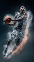 Dynamic basketball player in mid-air jump showcasing athleticism and strength during a competitive game photo