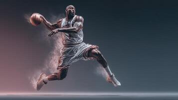 Dynamic basketball player in mid-air action showcasing athleticism and skill during a game indoors photo