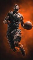 Dynamic basketball player leaps for a slam dunk in a glowing orange atmosphere during an intense game photo