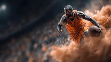 Intense basketball player dribbling through dust in a competitive arena during a dynamic match photo