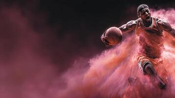 Dynamic basketball player in action amidst colorful smoke during a night game performance photo