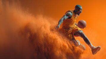 Dynamic basketball player in motion during an intense game with vibrant orange background and dust clouds photo