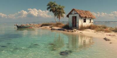 Sunlit coasts with a rustic hut and a fishing boat near calm turquoise waters at a tropical location photo