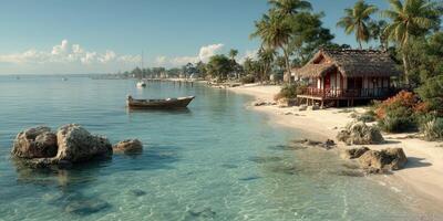 Serene beach with tropical hut and boat on calm water during sunny day photo