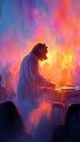 DJ performing at vibrant music festival with colorful lights and energetic crowd during nighttime celebration photo