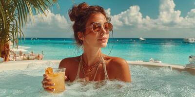 Relaxing in a hot tub with ocean view under sunny sky while enjoying a refreshing drink on a tropical getaway photo