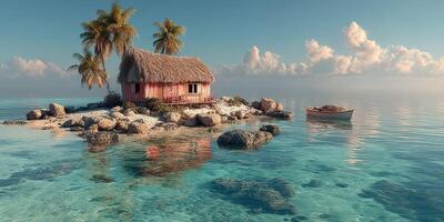 Serene tropical island with a thatched cottage and calm turquoise waters at sunrise photo