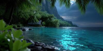Serene tropical beach view with calm water, lush vegetation, and mountains under a starry sky at twilight photo